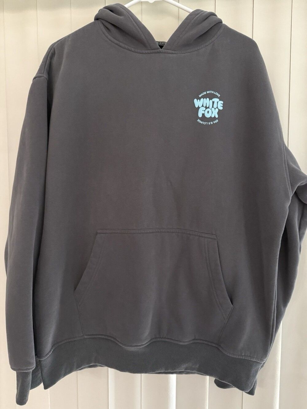 White Fox Hoodie Gray W/Bright Blue Graphic Logo Oversized Sz Med/Lg